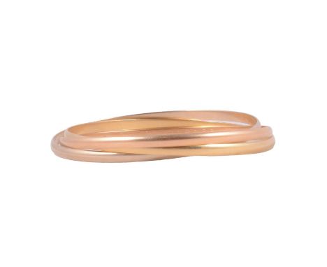 Cartier - an 18 carat multi colour gold Trinity bangle, 3mm gauge yellow, red and white gold D shape bands, polished finish, 