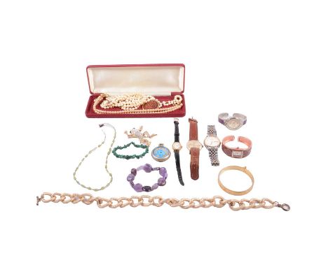 Gold, white metal and costume jewellery, wristwatches and coins, a lady's 9 carat yellow gold wristwatch, manual wind movemen