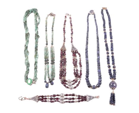 A collection of gemstone bead necklaces and earrings, polished and faceted beads, white metal and base metal clasps, various 