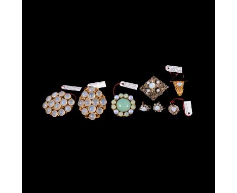 Vintage faux moonstone and opal costume jewellery, two gilt metal brooches 50x40mm, each set with round cabochon cut faux moo
