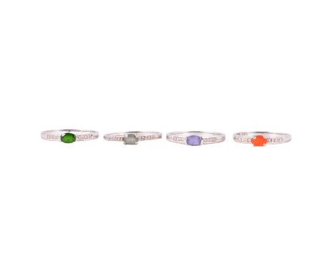 Four diamond and gemstone stacking rings, chrome diopside, fire opal and others, a chrome diopside and diamond stacking ring,