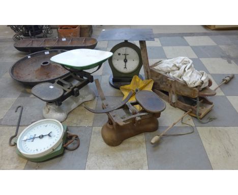 Two sets of vintage Salter scales, two other sets and a small vintage seed sower 