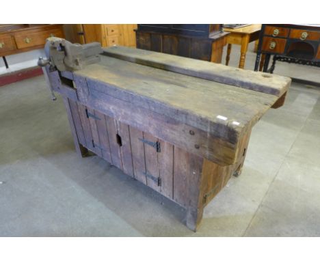 An industrial pine work bench 