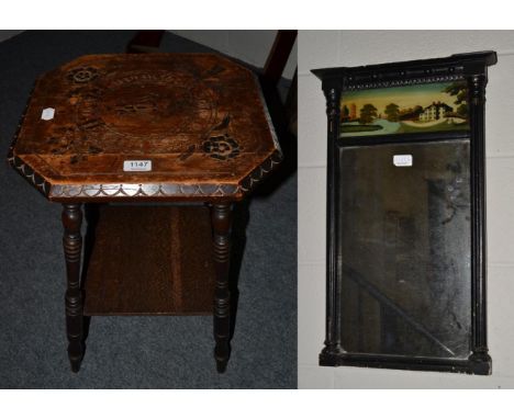 A late George III small pier glass in an ebonised frame and a Queen Victoria commemorative oak table with under shelf (2)