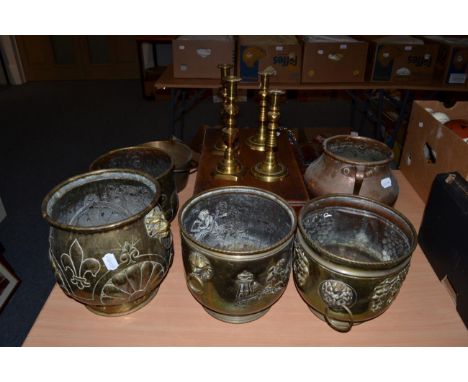 Four brass jardinieres, 19th century candlesticks, tea caddy, writing slope etc 
