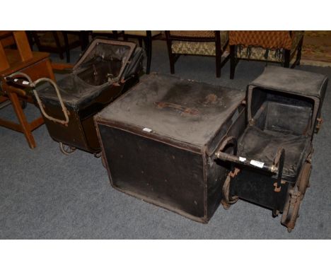 A leather trunk, together with two Victorian dolls prams (3)