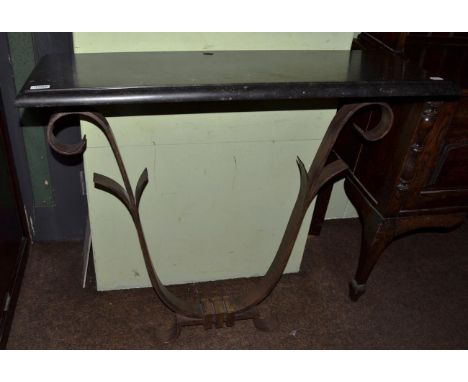 A console table (modern) with marble top and scrolled metal base, 100cm wide 