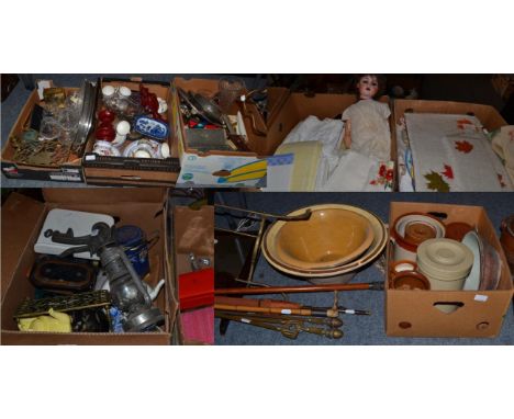 Fourteen boxes of items including textiles, earthenware, teawares, dinnerwares, FH Ayres The Cavendish table tennis game etc 