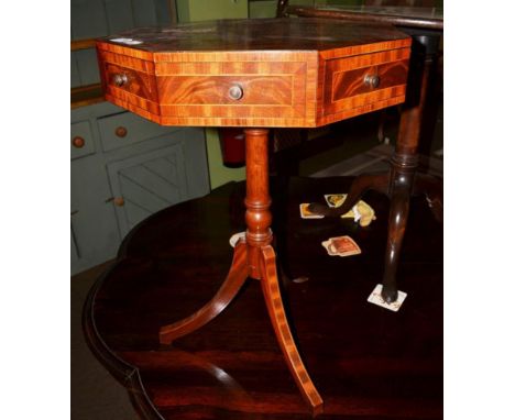 A reproduction mahogany and tulipwood banded octagonal shaped tripod table with revolving top, 69cm high 