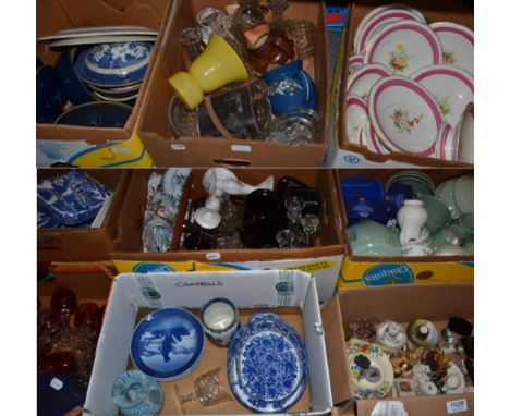 Sixteen boxes of ceramics and glass including Royal Copenhagen Christmas plates, blue and white Willow pattern wares, a Victo