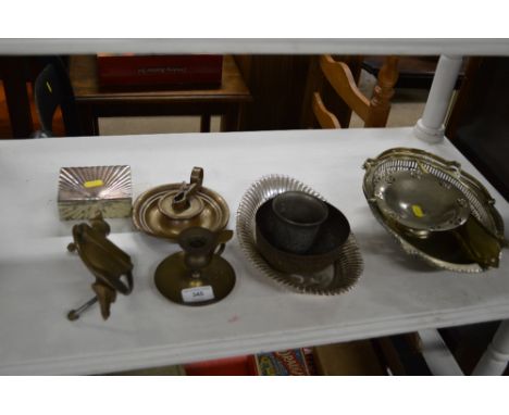 A quantity of various metalware to include chambersticks, door knocker, swing handled basket etc.