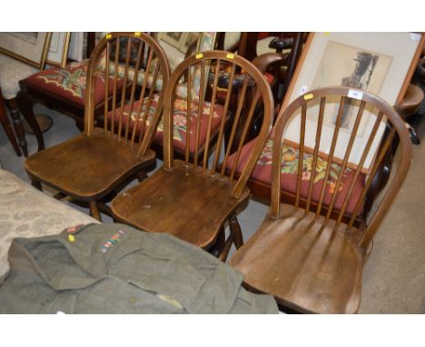 Three elm seated stick back kitchen chairs