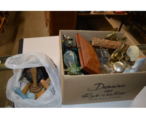 A box containing a Staffordshire flatback figure; brass ornament; an opalescent glass vase; a glass inkwell etc.