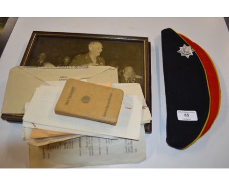 An Army Officer's dress hat together with photos and a selection of WW2 military documents 