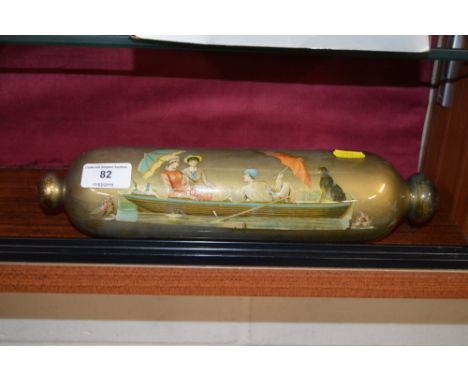 A Victorian glass rolling pin depicting figures in a boat 