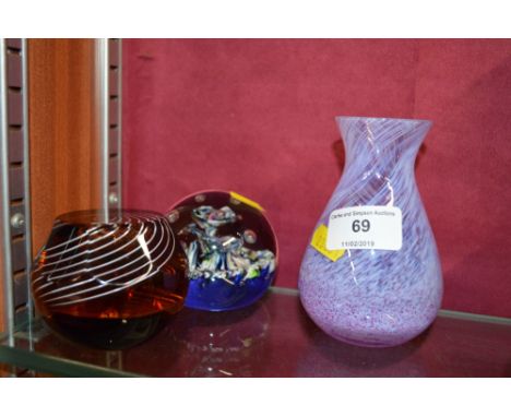 Two Caithness glass paperweights and a Caithness glass vase