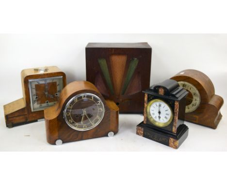 A late 19th century continental marble mantel clock, three art deco mantel clocks and a 'Suray' patterned radio. (5)