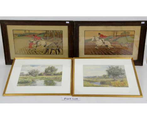 A pair of Dorothy Hardy framed hunting prints, a pair of unsigned watercolour landscapes, an oil on board of a locomotive sig