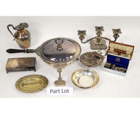 Silver pill box, Chester 1913, and various silver plated item including a warming pan, cutlery, etc.