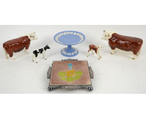 Two Beswick bulls, two Beswick calves, a mounted Mintons tile and a Wedgwood jasperware tazza (6)