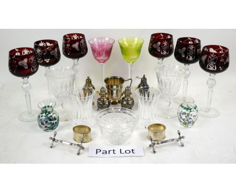 Group of glasses including 6 Bohemian style ruby red wine glasses and silver and silver plate cruet, etc