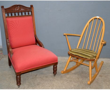 Ercol light wood rocking chair and early 20th century walnut framed  nursing chair 