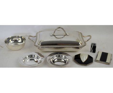 Silver and enamel monochrome compact, cigarette case and lighter set, compact 8 cm wide, together with a silver Quaich, plate