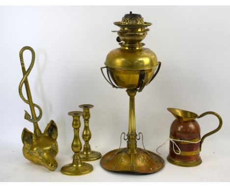 Art Nouveau style oil lamp and other metal ware 