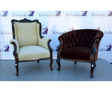 Early 20th century mahogany framed button back tub chair and similar armchair