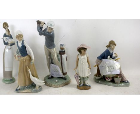 A Lladro figure of a golfer (4824) and a girl holding a lamb (4505), together with three Nao figures. (5)