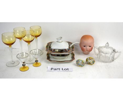 Quantity of glassware to include a Mallet shaped decanter, other decanters and drinking glasses, Royal Worcester pill box han