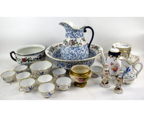 Large Wedgwood ewer, basin and chamber pot, Royal Worcester blush footed bowl, two Dresden porcelain figurines, tea service, 