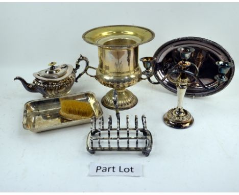Large quantity of silver plate, including candelabra, entree dishes, numerous teapots, flatware, campana form ice bucket, etc