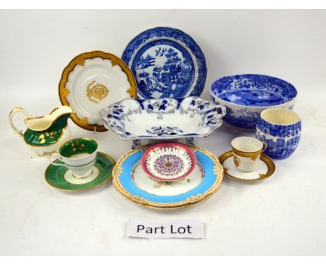 Various ceramics and part tea services including Copeland Spode, Furstenberg and blue and white transferware (one shelf)