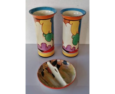 A pair of Clarice Cliff Fantasque Bizarre Newport Pottery vases in the 'Autumn Balloon Trees' pattern, shaped number 196, eac