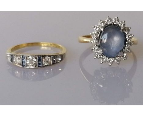An Art Deco diamond and sapphire ring on white gold, and a gem-set diamond cluster ring on a yellow gold setting, sizes M, N1