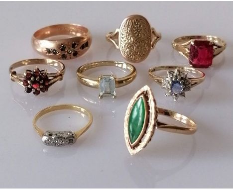 A marquise-set jade ring on a gold setting, the jade 14x6mm, stamped 14k, maker TYL, size N, 3g and an assortment of seven 9c