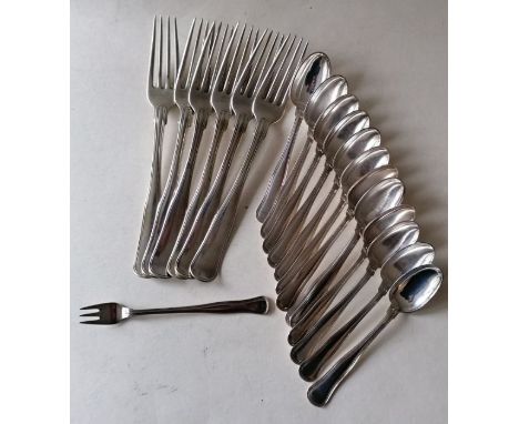 An assortment of six Danish silver dinner forks by Sorensen, 20.5 cm and twelve 830 silver tea spoons and a dessert fork by C