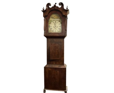 Late 19th century mahogany 8-day Yorkshire longcase clock c 1880, makers name indistinct, With a swans necked pediment with w