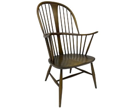 Ercol - 'Windsor' elm and beech high back chair, double hoop and stick back with shaped splat, on splayed turned supports wit