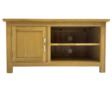 Contemporary oak television or media cabinet, rectangular top over single shelf and cupboardDimensions: Height:&nbsp;41cm&nbs