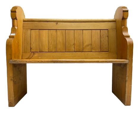 20th century waxed pine hall bench or pew, plank back over solid seat, flanked by shaped end supportsDimensions: Height:&nbsp