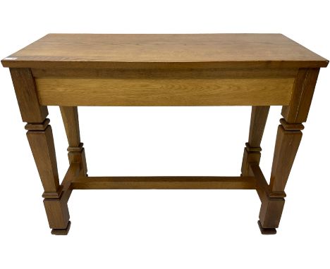 Solid oak console table, rectangular top raised on turned square supports united by stretcherDimensions: Height:&nbsp;82cm&nb