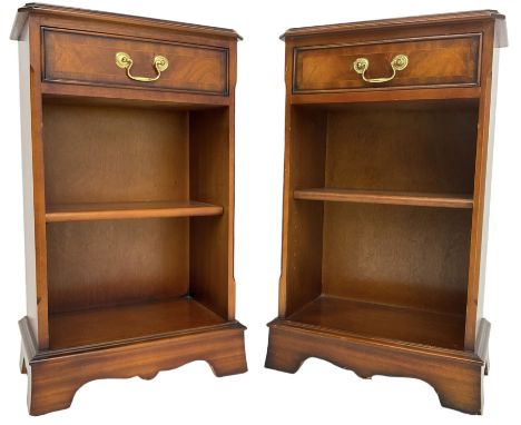 Pair of Georgian design mahogany bedside or lamp tables, moulded rectangular top over single frieze drawer and adjustable she