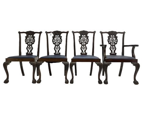 Set of four (3+1) Chippendale design mahogany dining chairs, shaped cresting rail over pierced splat with elaborately carved 