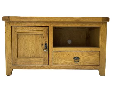 Light oak television stand with cupboard and drawerDimensions: Height:&nbsp;56cm&nbsp; Length/Width:&nbsp;99cm&nbsp; Depth/Di