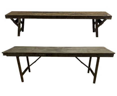20th century pine folding table, rectangular top on square supports joined by stretchers (244cm x 68cm, H76cm); together with