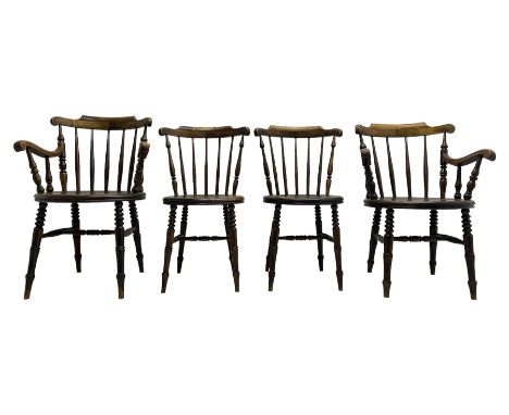 IBEX - set of four (2+2) early 20th century stained beech dining chairs, shaped cresting rail over stick back, circular 'penn