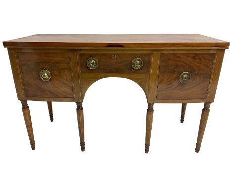 George III design converted mahogany sideboard, crossbanded and ebony strung hinged top, revealing turntable and twin speaker