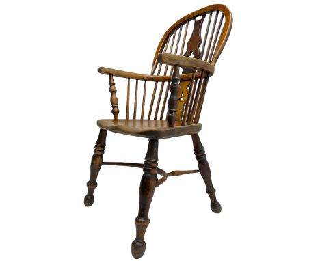 19th century elm and beech Windsor chair, high hoop and stick back with pierced splat over shaped saddle seat, raised on ring